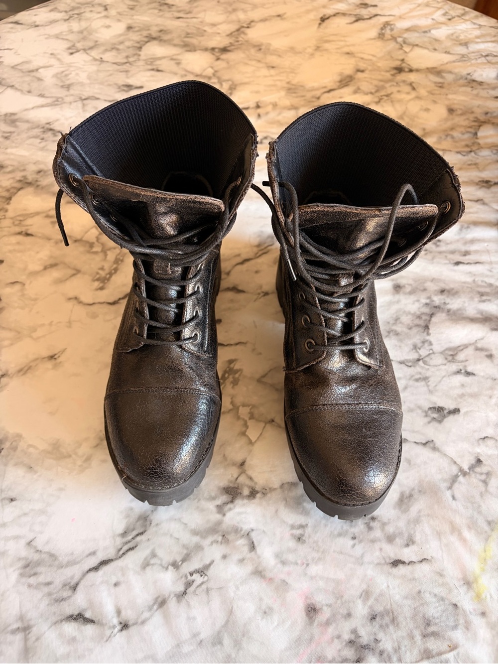 Seven7 Metallic Black Lace-Up Combat Boots